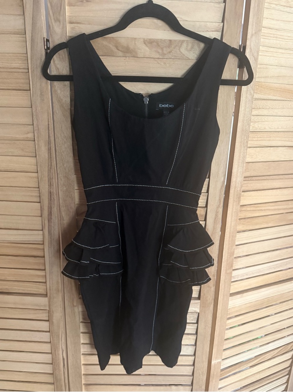 BEBE Black Peplum Ruffle Sheath Dress